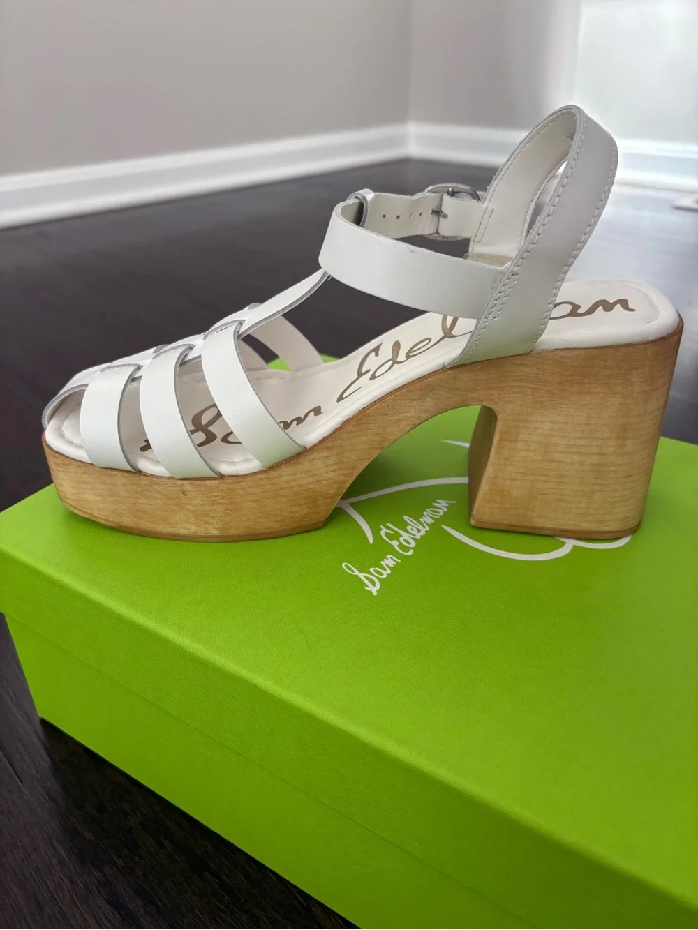 SAM EDELMAN White Leather Chunky Platform Sandals with Wood-Look Heel